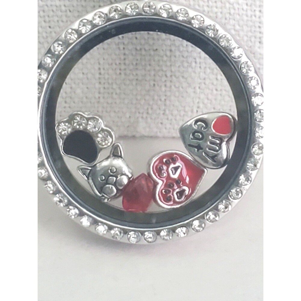 Cat Lover Floating Charm Pendant Necklace Silver Tone Love My Cat Paw Print 27”